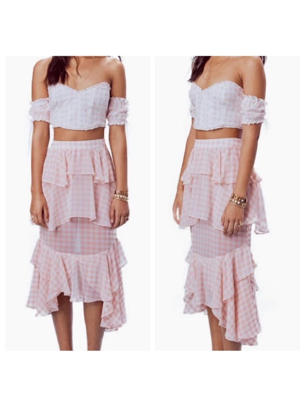 For Love & Lemons Pink Gingham Tiered Ruffle Midi Skirt NWOT